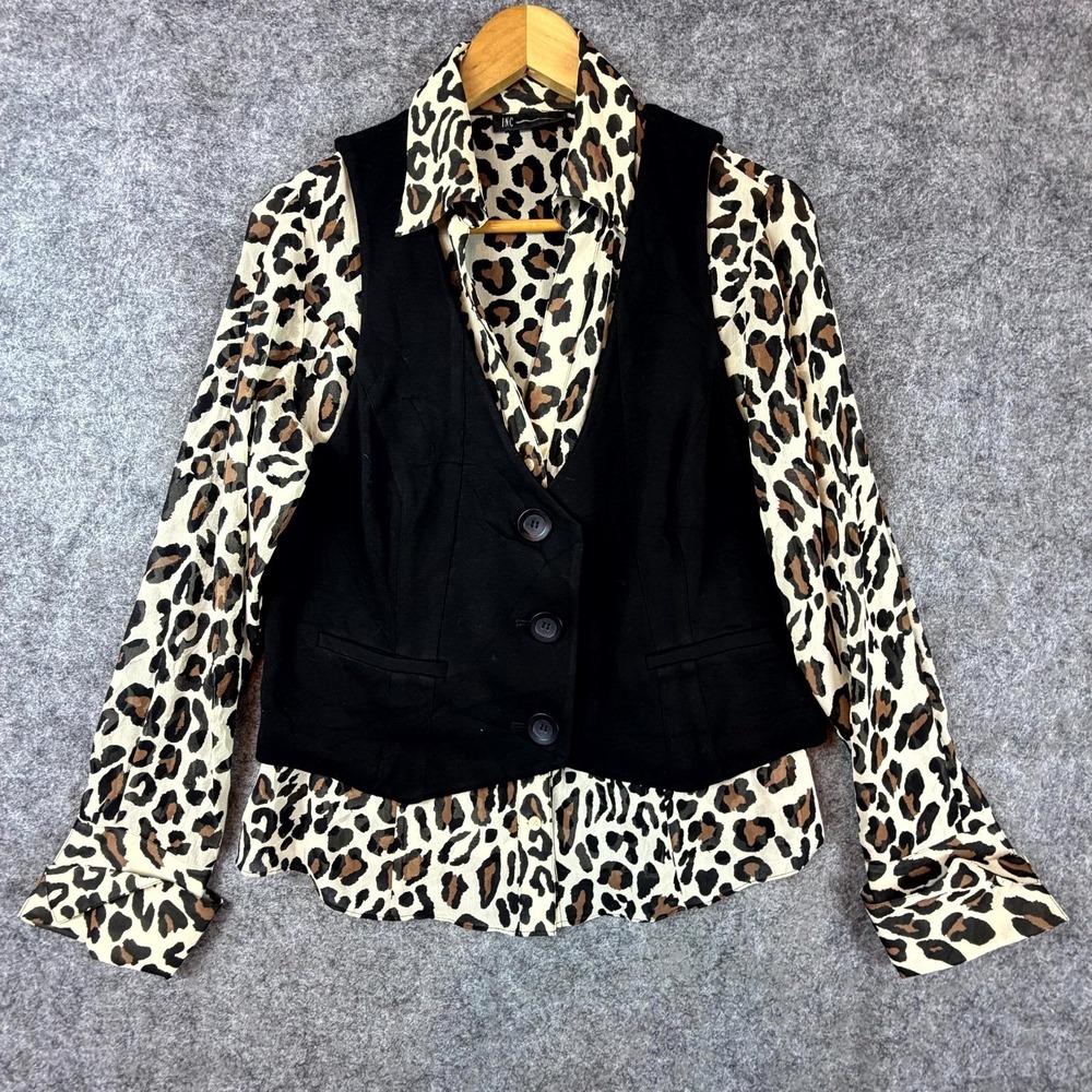 INC International Concepts Y2K Blouse‎ & Vest Womens Black Beige Leopard Office